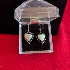 Vintage Sterling Silver  Heart Opal Dangle Earrings